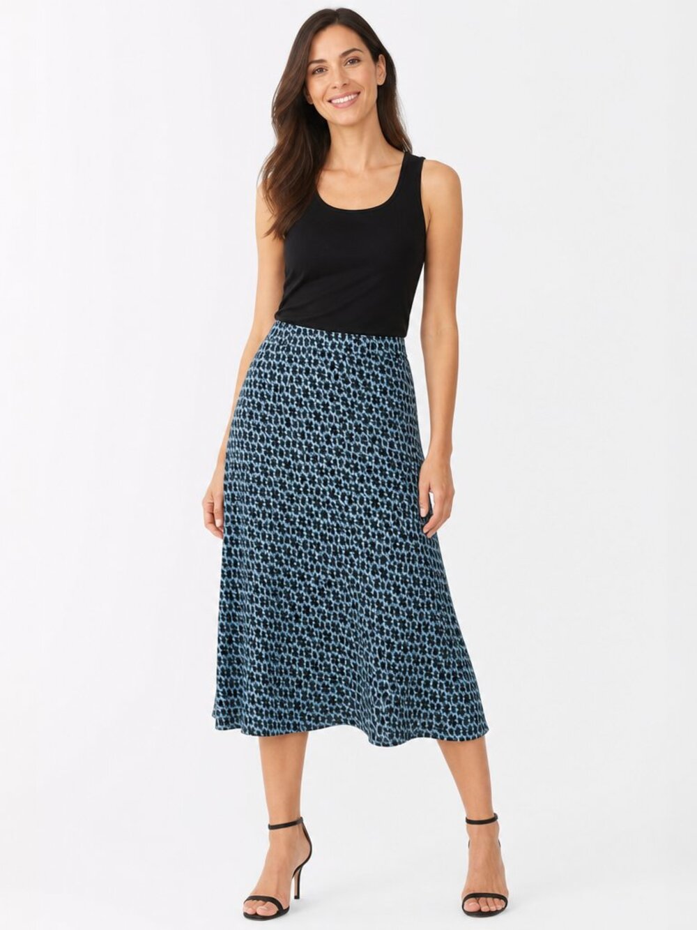 East 5th Black & Teal Geometric Midi Skirt – Size Medium – Flowy & Lightweight